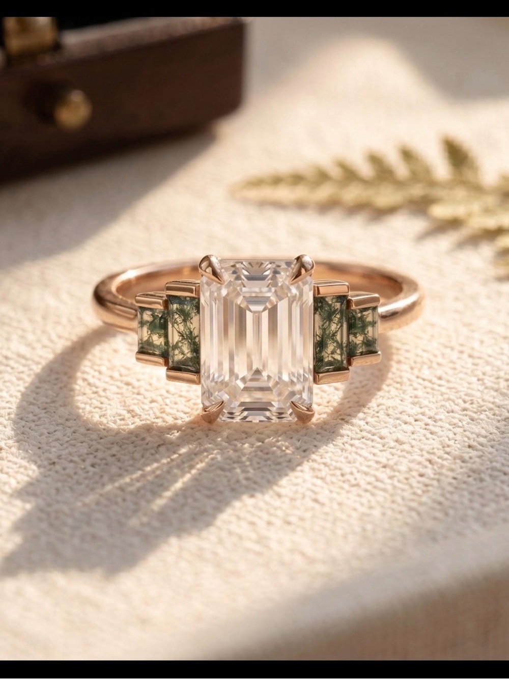 Emerald Cut Moss Agate Lab Created Moissanite Engagement Ring